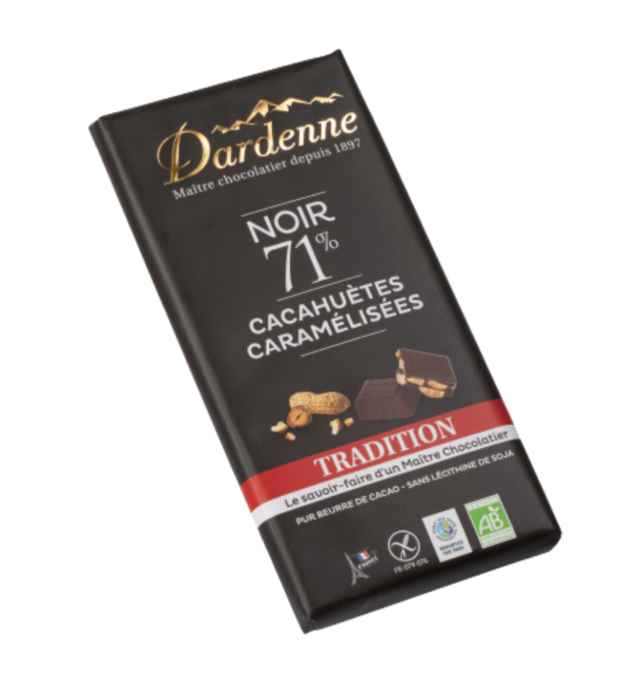 TRADITION ~ NOIR 71% cacahuètes grillées caramélisées - 180g - Chocolat  Dardenne