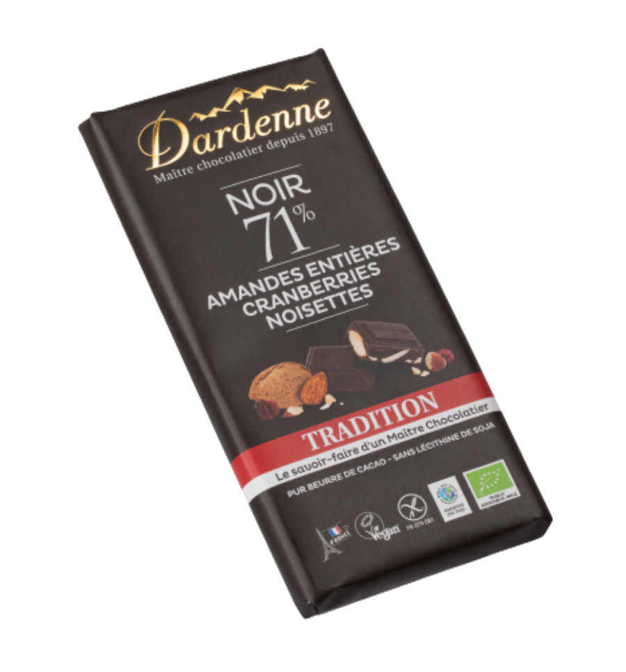 TRADITION ~ Tablette chocolat NOIR 71% amandes- cranberries-noisette - 180g  - Chocolat Dardenne