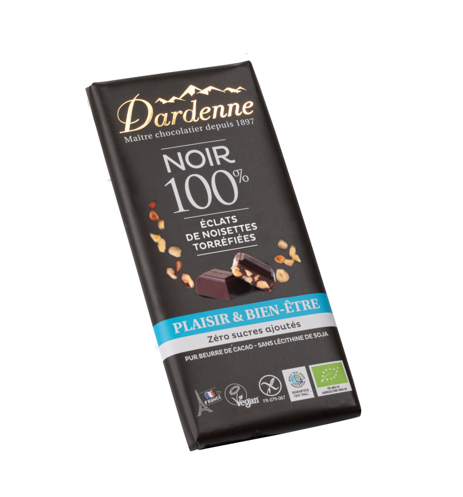 PLAISIR & BIEN-ETRE ~ NOIR 100% cacao aux éclats de noisette torréfiés -  100g - Chocolat Dardenne