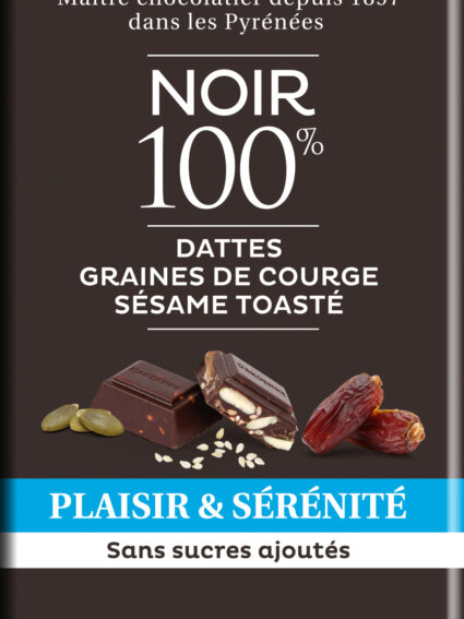 Plaisir & Sérénité ~ NOIR 100% , Dattes, Graines de courges et Sésame toasté - 90g