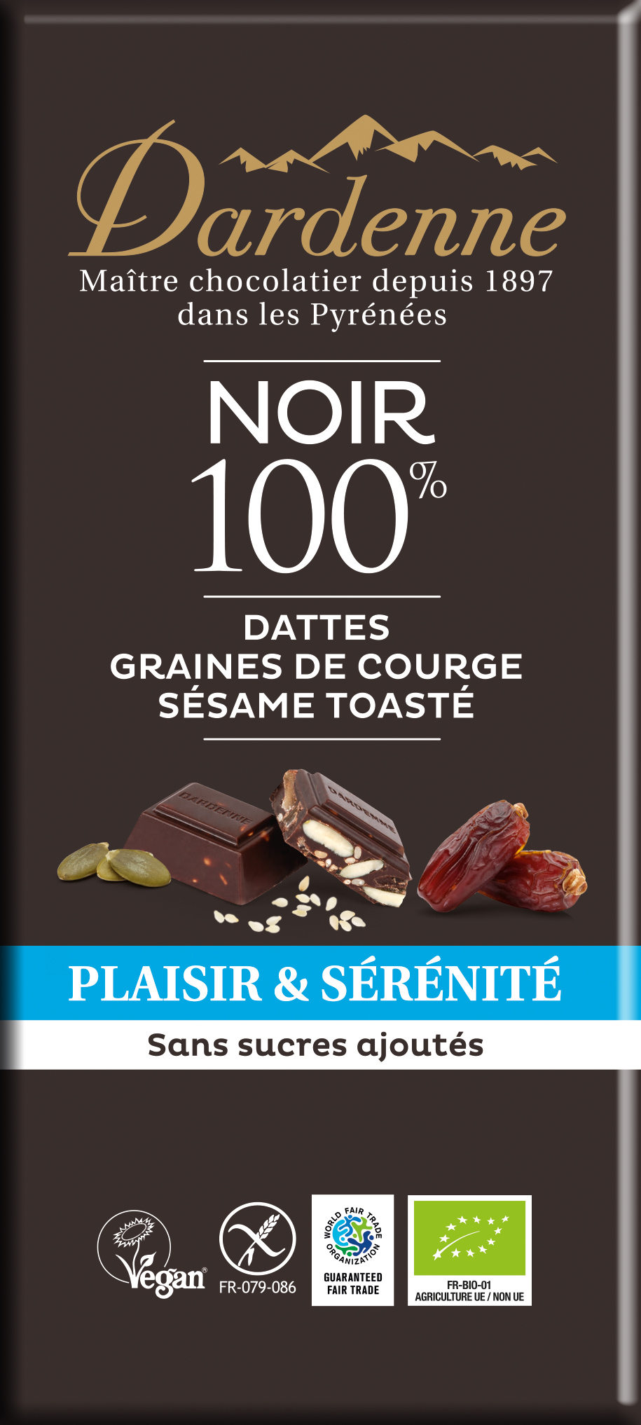 Plaisir & Sérénité ~ NOIR 100% , Dattes, Graines de courges et Sésame toasté - 90g