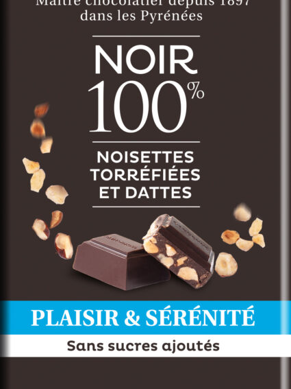Plaisir & Sérénité ~ NOIR 100% cacao aux éclats de noisette torréfiées - 90g