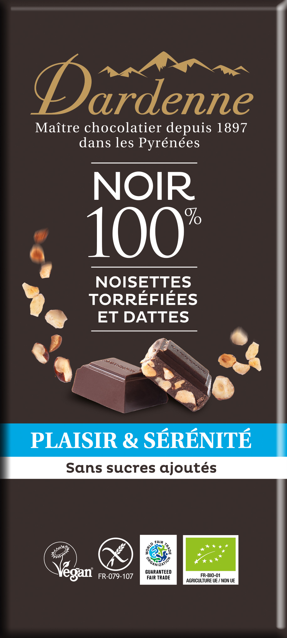 Plaisir & Sérénité ~ NOIR 100% cacao aux éclats de noisette torréfiées - 90g