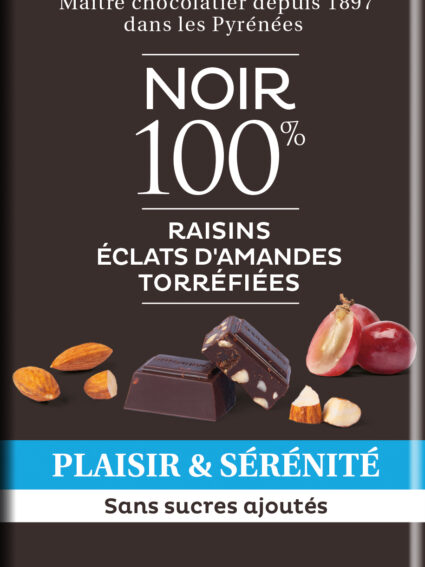 Plaisir & Sérénité ~ NOIR 100% , Raisins, éclats d'Amandes torréfiées - 90g