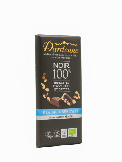 Plaisir & Sérénité ~ NOIR 100% cacao aux éclats de noisette torréfiées - 90g