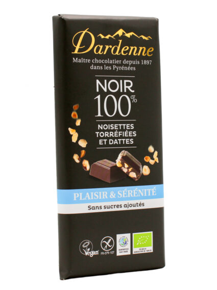 Plaisir & Sérénité ~ NOIR 100% cacao aux éclats de noisette torréfiées - 90g