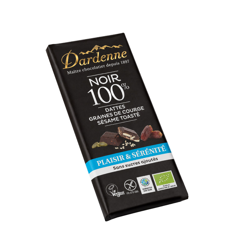 Plaisir & Sérénité ~ NOIR 100% , Dattes, Graines de courges et Sésame toasté - 90g