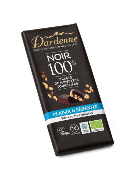 Plaisir & Sérénité ~ NOIR 100% cacao aux éclats de noisette torréfiées - 90g