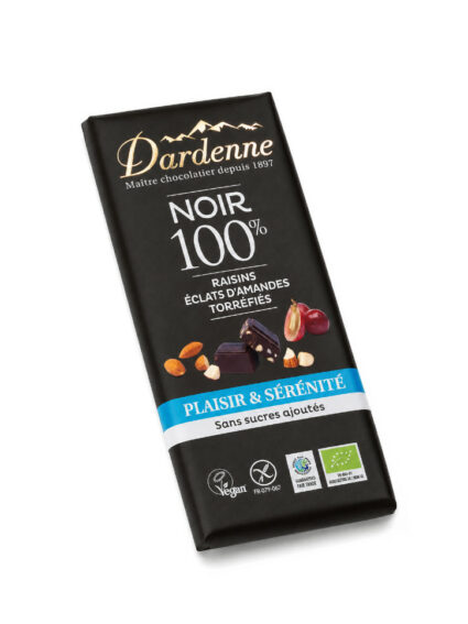 Plaisir & Sérénité ~ NOIR 100% , Raisins, éclats d'Amandes torréfiées - 90g